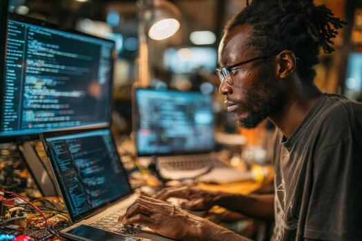 africano americano hombre con lentes es codificación en un ordenador portátil en un moderno espacio de trabajo lleno con múltiple pantallas, exhibiendo un vibrante tecnología ambiente con intrincado detalles foto