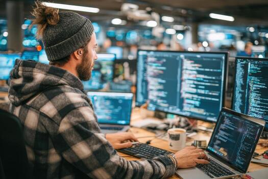 Male programmer with a beard, wearing a checkered hoodie, is coding on multiple monitors in a modern workspace, showcasing a collaborative tech environment photo