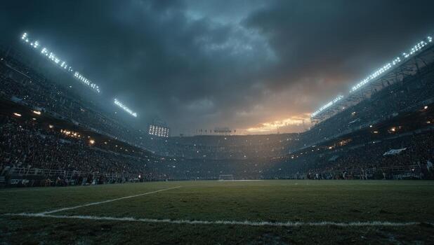 Dramatic view of a large stadium filled with enthusiastic fans under a moody sky, capturing the excitement and energy of a live sports event atmosphere photo