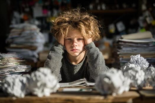 Young boy with messy hair sits at a cluttered desk surrounded by crumpled paper, looking frustrated while trying to complete homework, capturing the struggle of creativity and focus photo