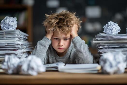 Young boy with messy hair is sitting at a cluttered desk surrounded by crumpled papers, looking frustrated while trying to complete homework, illustrating the challenges of studying photo