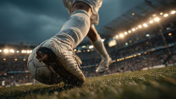 Soccer player in action, kicking a ball on a vibrant field, surrounded by a cheering crowd under stadium lights, capturing the excitement of competitive sports photo