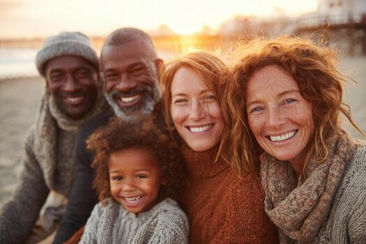 Group of diverse individuals, including adults and a child, smiling together on a beach during sunset, showcasing warmth, joy, and connection in a beautiful outdoor setting photo