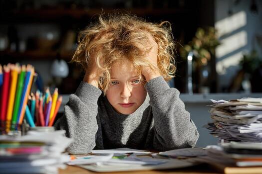 Young boy with curly hair, sitting at a cluttered desk, looking stressed while surrounded by papers and colorful pencils, illustrating the challenges of homework and study time photo