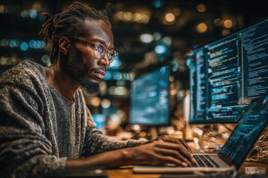 African American man focused on coding, working intently at a desk with multiple computer screens displaying programming code, immersed in technology and innovation photo