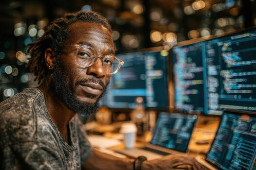 African American man with glasses is focused on coding at multiple computer screens in a modern workspace, showcasing technology and innovation in programming photo