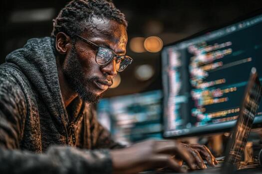 African American man wearing glasses is focused on coding on a laptop in a modern workspace, surrounded by multiple screens displaying programming languages and data analysis photo