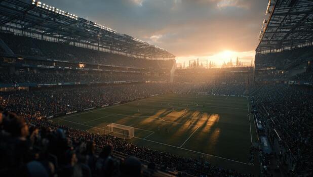 Spectacular sunset over a vibrant soccer stadium filled with enthusiastic fans, capturing the excitement of a live match in a dynamic sporting atmosphere photo