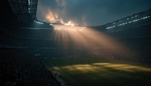 Dramatic soccer stadium scene with bright sunlight streaming through clouds, illuminating the field and cheering crowd, capturing the excitement of a live sporting event atmosphere photo