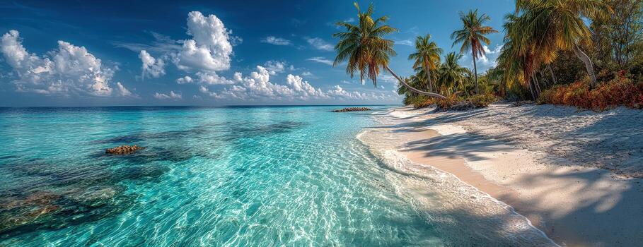 Tropical beach scene featuring clear turquoise waters, soft white sand, and palm trees swaying gently under a bright blue sky with fluffy clouds creating a serene atmosphere photo
