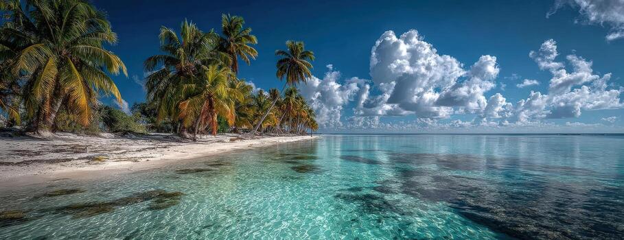 Tropical beach scene featuring crystal-clear water, swaying palm trees, and a vibrant sky filled with fluffy clouds, creating a serene and picturesque coastal atmosphere photo