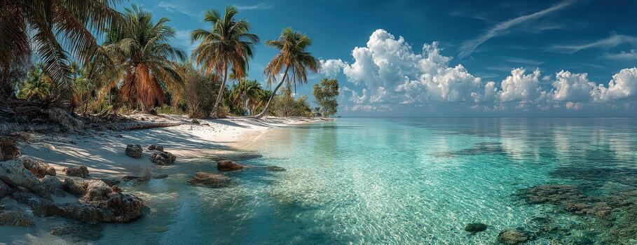 Tropical beach scene featuring palm trees swaying gently by the clear turquoise water, with soft white sand and fluffy clouds creating a serene coastal atmosphere photo