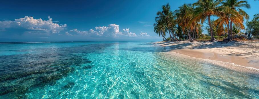 Tropical beach scene with crystal clear turquoise water, soft white sand, and swaying palm trees under a bright blue sky, creating a serene and idyllic atmosphere for relaxation photo