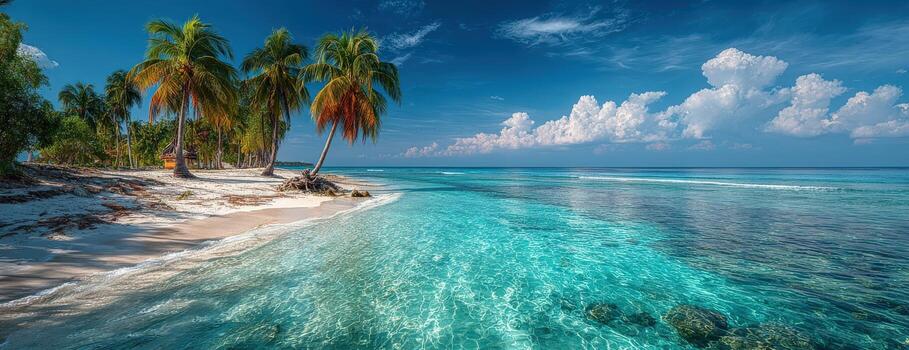 Tropical beach scene featuring palm trees swaying gently in the breeze, clear turquoise waters lapping at the shore, and fluffy clouds scattered across a bright blue sky photo