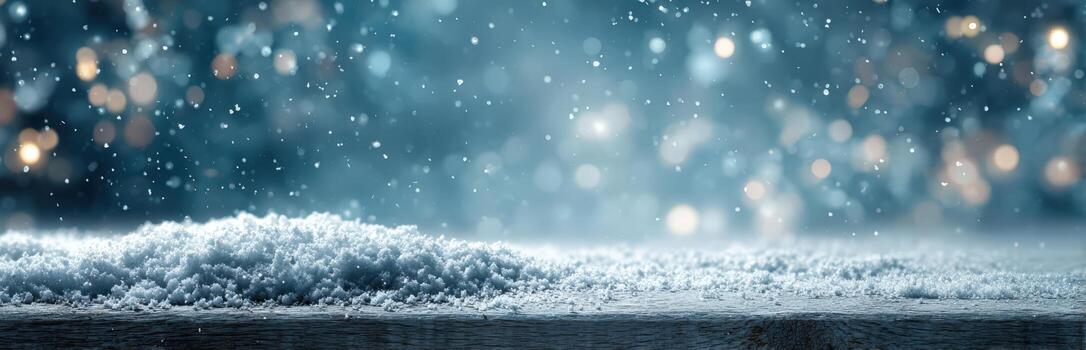 Snow-covered surface with sparkling snowflakes falling gently, creating a serene winter atmosphere, with blurred bokeh lights in the background enhancing the magical scene photo