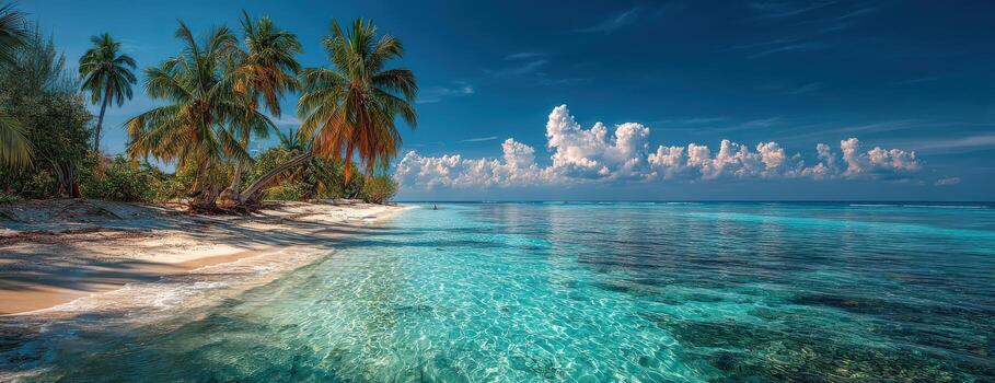 Tropical beach scene featuring palm trees swaying gently in the breeze, crystal clear turquoise waters lapping at the shore, and a vibrant blue sky with fluffy clouds above photo