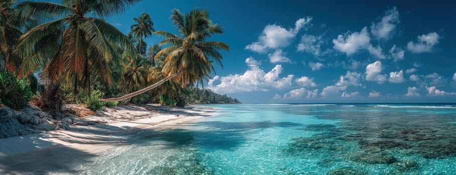 Tropical beach scene featuring swaying palm trees, crystal-clear turquoise waters, and soft white sand, creating a serene and idyllic paradise atmosphere for relaxation and escape photo