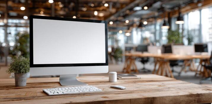 Modern workspace featuring a sleek computer monitor with blank screen, minimalist desk setup, greenery, and open office environment, ideal for creative design mock up photo