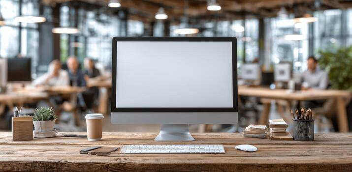 Modern workspace featuring a desktop computer with blank screen, wooden desk, stationery, coffee cup, and plants, creating an inviting atmosphere for productivity and creativity photo