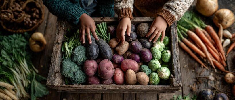 Two children with diverse backgrounds are joyfully selecting fresh vegetables from a rustic wooden crate, showcasing a vibrant assortment of organic produce and a connection to nature photo