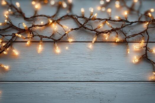 Decorative lights with warm glowing bulbs are elegantly arranged on a rustic wooden surface, creating a cozy and inviting atmosphere for festive celebrations and gatherings photo