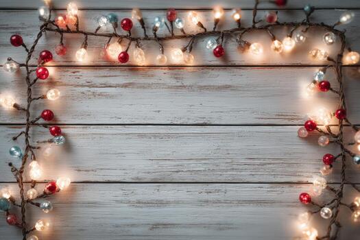 Decorative string lights with red and silver ornaments are arranged on a rustic wooden background, creating a warm and inviting atmosphere for festive celebrations photo