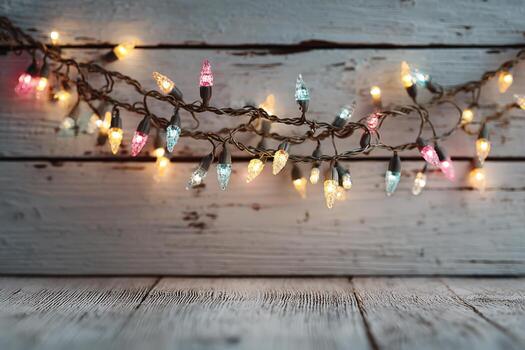Colorful string lights with warm glow are draped over rustic wooden background, creating a cozy atmosphere perfect for festive celebrations and holiday gatherings photo