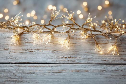 Decorative string lights with warm glow are elegantly arranged on a rustic wooden surface, creating a cozy atmosphere perfect for festive celebrations and gatherings photo
