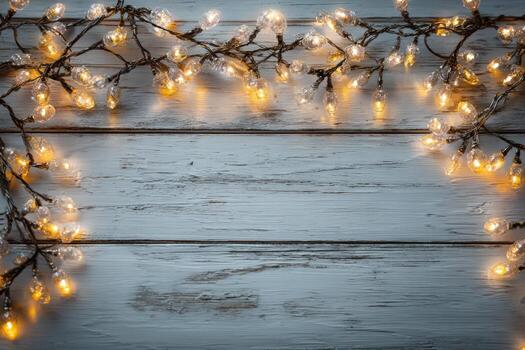 Decorative string lights arranged on a rustic wooden surface, creating a warm and inviting atmosphere, perfect for festive occasions and cozy gatherings with copy space photo