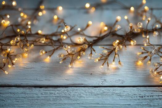 Decorative string lights with warm glowing bulbs are elegantly arranged on a rustic wooden surface, creating a cozy and inviting atmosphere for festive occasions photo