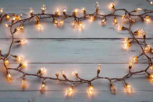 Decorative string lights arranged in a circular pattern on a rustic wooden surface, creating a warm and inviting atmosphere for festive celebrations and cozy gatherings photo