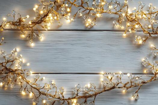 Decorative string lights with warm glow are arranged in a circular frame on a rustic wooden surface, creating a cozy ambiance for festive celebrations or home decor photo