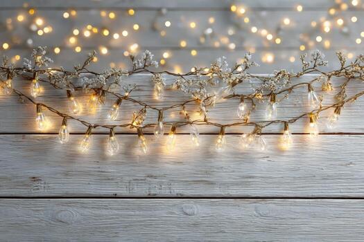 Decorative string lights with warm glow are draped over a rustic wooden surface, creating a cozy atmosphere perfect for festive celebrations and intimate gatherings photo