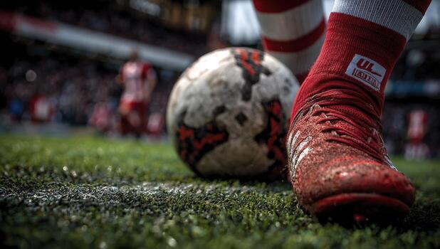 Close-up of a soccer player's foot in red cleats poised to kick a weathered ball on a vibrant green field, capturing the intensity of the game and athleticism in action photo
