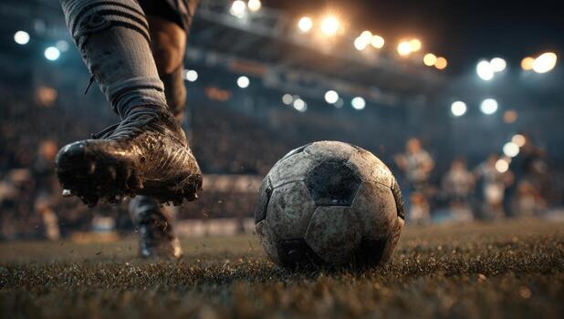 Soccer player in action, kicking a muddy ball on a vibrant field, illuminated by stadium lights, capturing the intensity of a competitive match atmosphere photo