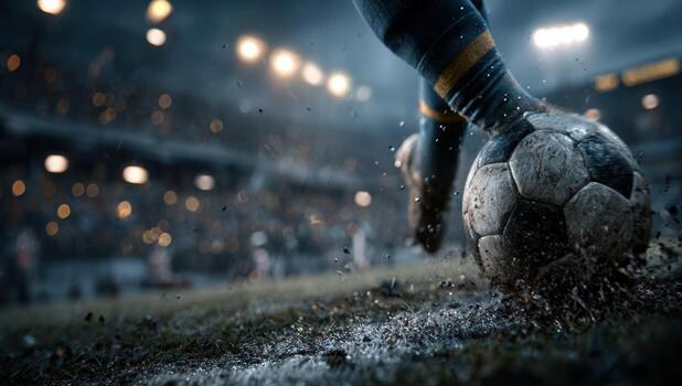 Close-up of a soccer player's foot striking a muddy ball on a vibrant field, with blurred stadium lights and cheering crowd in the background, capturing the intensity of the game photo