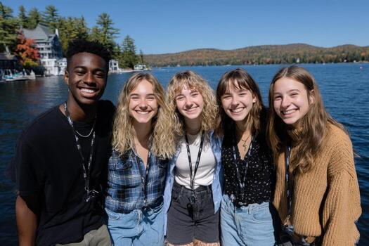 Group of diverse young adults smiling together by a serene lake, surrounded by colorful autumn foliage, capturing a joyful moment of friendship and connection photo