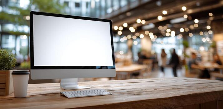Desktop computer mock up with blank screen on wooden table in modern workspace, featuring coffee cup and blurred background of busy office environment photo