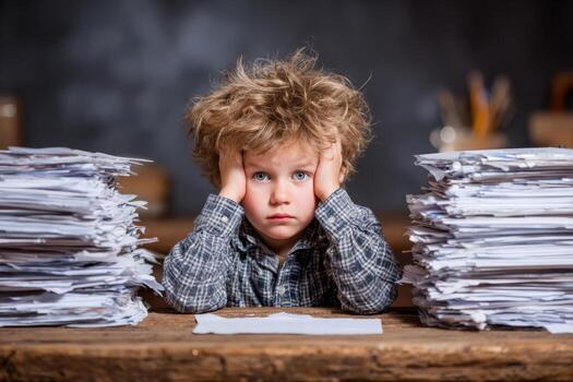 Young boy with messy hair sits at a wooden desk surrounded by tall stacks of paperwork, expressing frustration and overwhelm in a cluttered workspace environment photo
