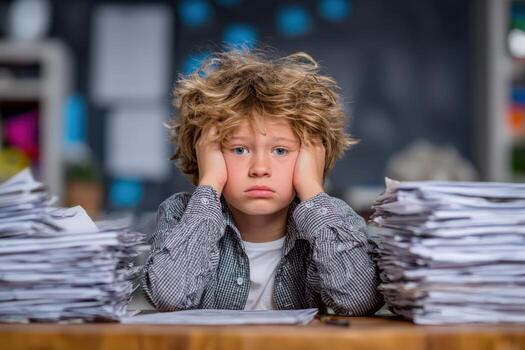 Young boy with curly hair sitting at a desk surrounded by stacks of paperwork, showing frustration and boredom while contemplating his overwhelming tasks and responsibilities photo