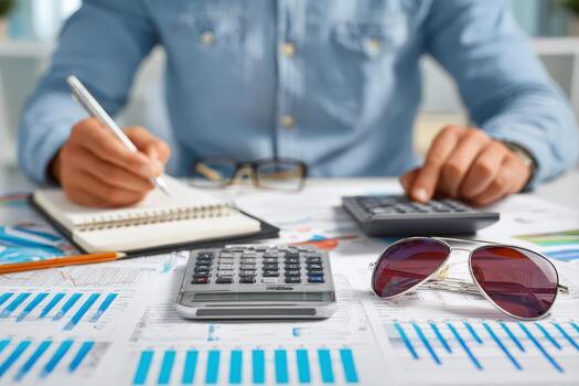 Business professional engaged in financial analysis, using calculator and notebook, surrounded by charts and graphs, illustrating the importance of data-driven decision making photo
