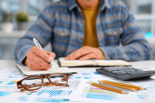 Male professional in plaid shirt is analyzing financial data with charts and graphs on desk, using calculator and writing notes, showcasing business analysis and planning process photo