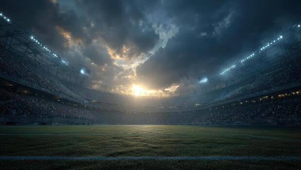 Dramatic sunset over a large stadium field, illuminated by bright floodlights, with a vibrant green grass surface, creating an energetic atmosphere for sporting events and gatherings photo