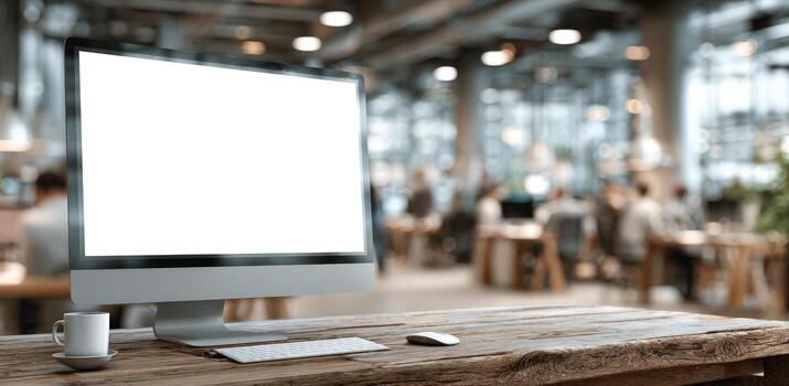 Modern workspace featuring a sleek computer monitor with blank screen, wooden desk, coffee cup, and vibrant office environment with collaborative atmosphere and creative energy photo