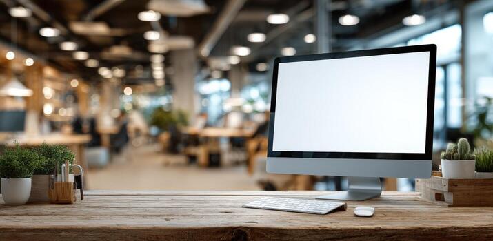 Modern workspace featuring a sleek desktop computer with blank screen on wooden desk, surrounded by greenery and a vibrant office environment, ideal for creative projects and design mockups photo