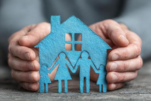 Hands holding a blue paper house with cut-out family figures, symbolizing home, love, and unity, representing the concept of family and security in a nurturing environment photo