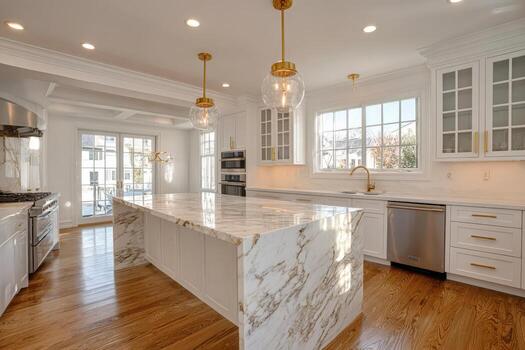 moderno cocina interior presentando elegante mármol encimeras, elegante colgante Encendiendo, y espacioso diseño con grande ventanas, creando un brillante y atractivo atmósfera para culinario ocupaciones foto