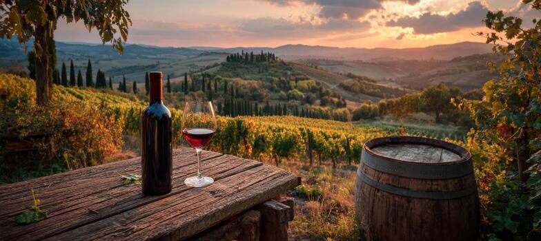 Scenic vineyard landscape at sunset, featuring a bottle of red wine and a glass on a rustic wooden table, surrounded by lush grapevines and rolling hills photo