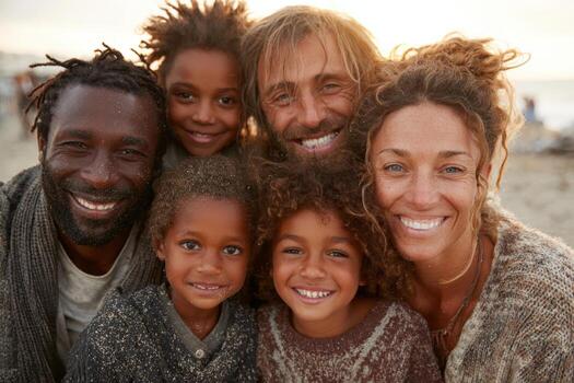 Diverse family group with joyful expressions, gathered closely on a beach during sunset, showcasing warmth, connection, and love in a natural outdoor setting photo