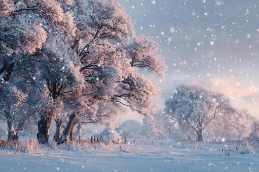 Winter landscape featuring snow-covered trees with frosty branches, creating a serene atmosphere, as gentle snowflakes fall softly in a tranquil snowy scene photo
